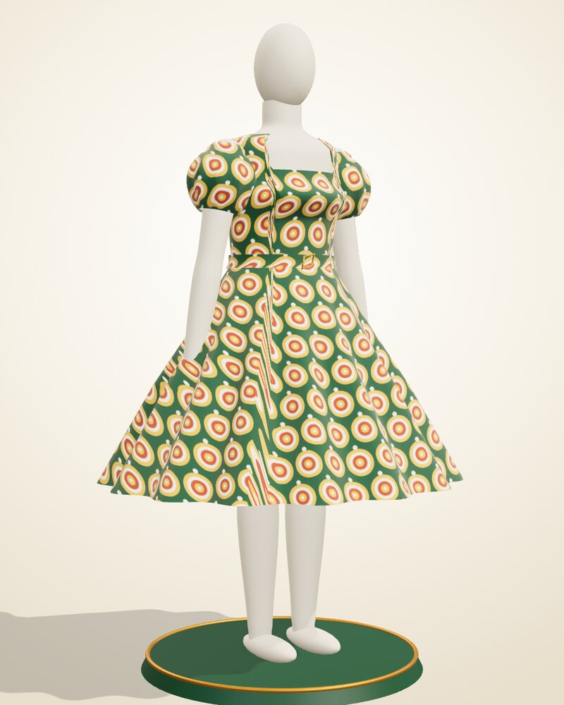 An Ankara flare dress in green and gold wax print, shown on the C-Mes 3D mannequin